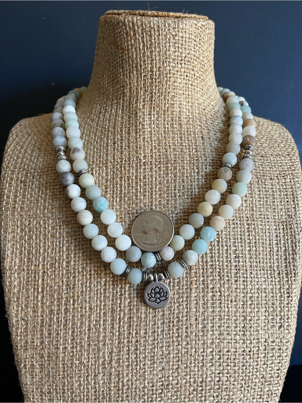 108 natural matte Amazonite stretch Necklace with Lotus Charm. - Picture 5 of 7